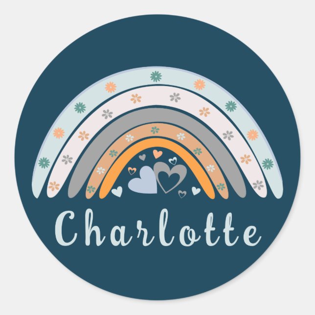 Hearts Boho Rainbow with Personalised Name  Classic Round Sticker (Front)