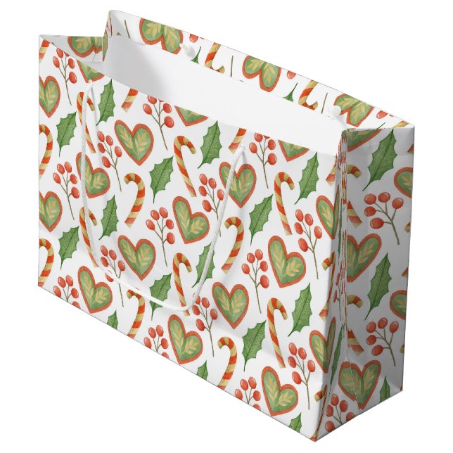 Hearts Candy Cane Holly Pattern Christmas Large Gift Bag (Front Angled)