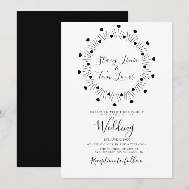  Hearts Circular  Black Hand Drawn Frame Wedding   Invitation (Front/Back)