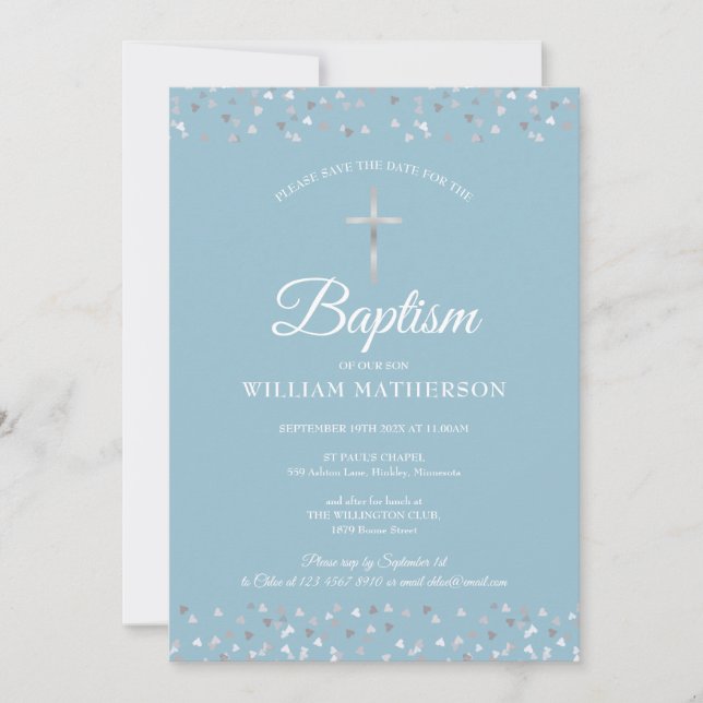 Hearts Confetti Baptism Christening Save The Date (Front)