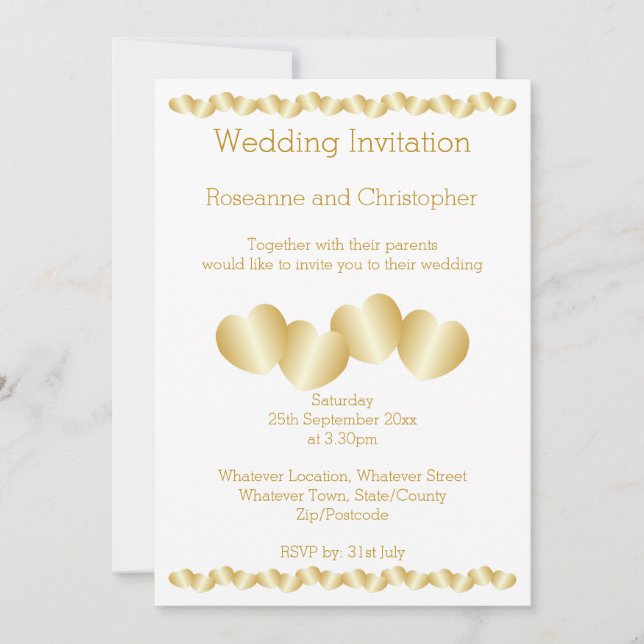 Hearts Design Gold Coloured Wedding Invitation (Front)