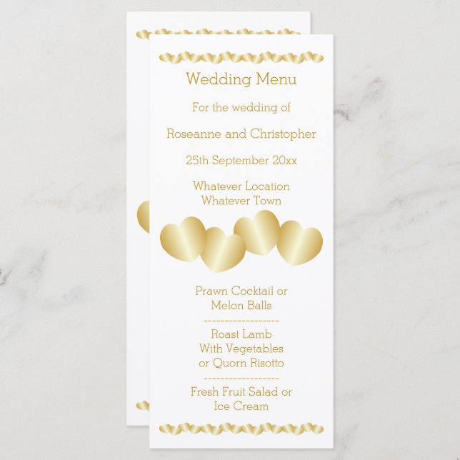 Hearts Design Gold Coloured Wedding Menu (Front/Back)