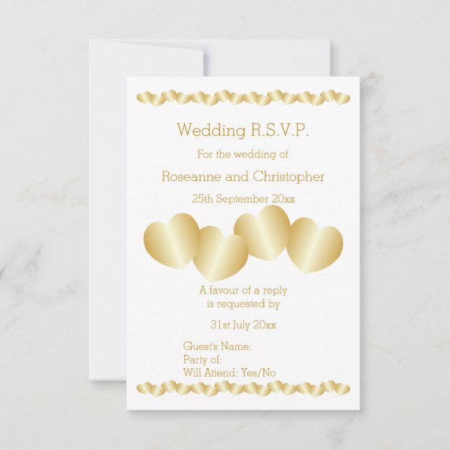Hearts Design Gold Coloured Wedding RSVP Card (Front)