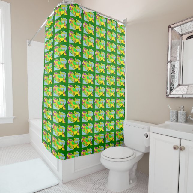 Hearts design on green background shower curtain (In Situ)