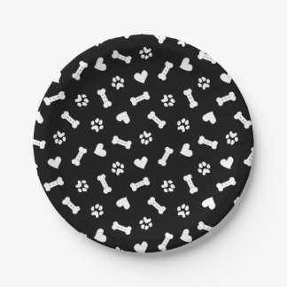 Hearts Dog Paws And Bones Black  Paper Plate