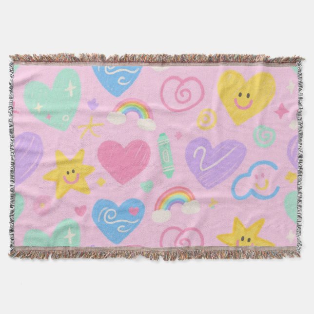 Hearts & Doodles Blanket – Soft Pastel Cuteness (Front)