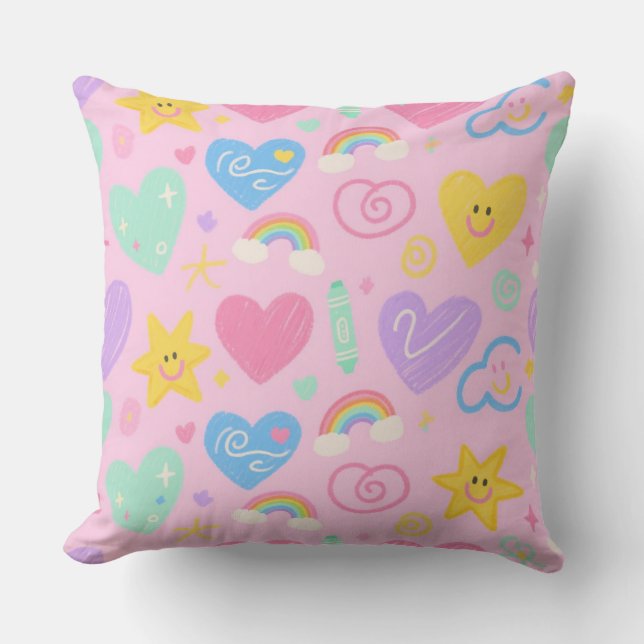 Hearts & Doodles Throw Pillow Cute Kidcore Accent (Front)