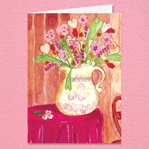 Hearts Floral Painting Happy Birthday Card