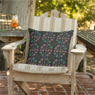 Hearts Flowers and Bugs Pattern on Black Cushion