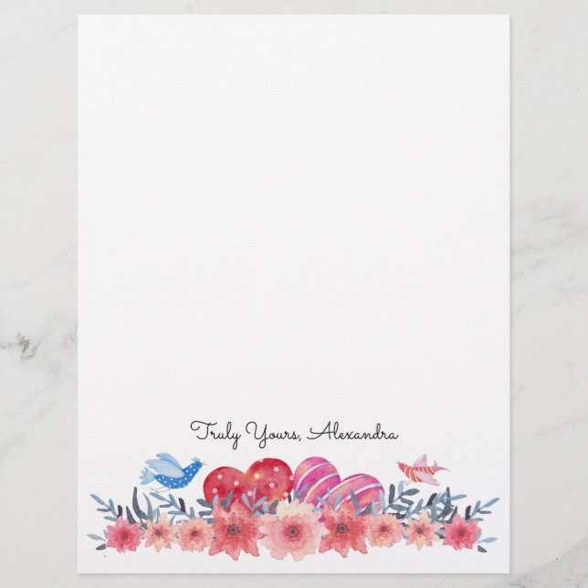 Hearts, Flowers, and Tiny Birds | So Cute Custom Letterhead (Front)