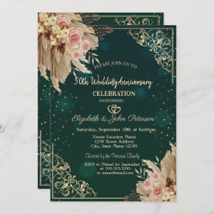 Hearts Frame Flowers Green Wedding Anniversary  Invitation