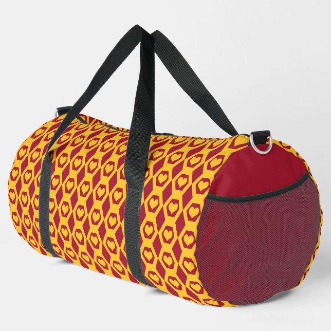 Hearts Garnet Gold Hexagon Pattern Large Duffle Bag (Right Corner)