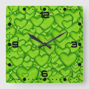 Hearts Green 3D Texture Green Pattern Square Wall Clock