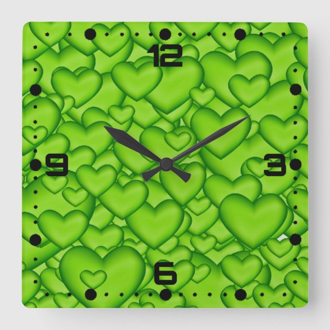 Hearts Green 3D Texture Green Pattern Square Wall Clock (Front)