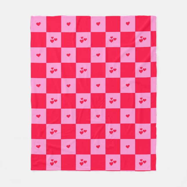 Hearts Grid pink and red Fleece Blanket (Front)