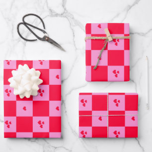 Hearts Grid pink and red Wrapping Paper Sheet