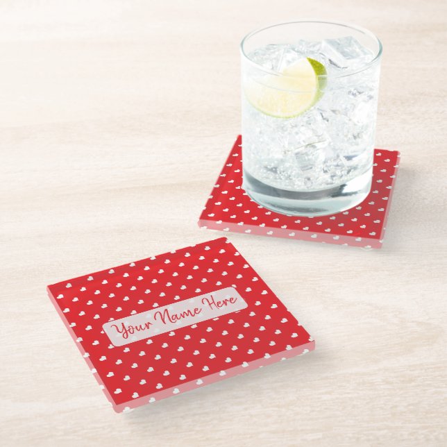 Hearts Happy Valentine’s Day Modern Love Pattern Glass Coaster (Angled)