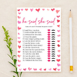 Hearts He Said She Said Bridal Shower Game  Stationery