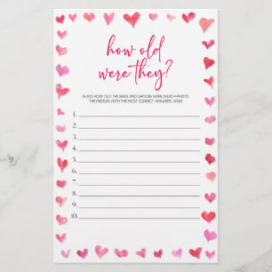 Hearts How Old Were They? Bridal Shower Game Stationery