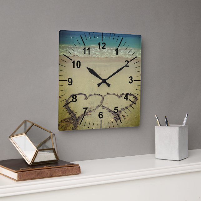 Hearts In Sand Beach Theme  Square Wall Clock (Office)