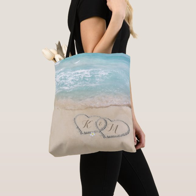 Hearts in Sand | Monogram Couple Beach Tote Bag (Close Up)