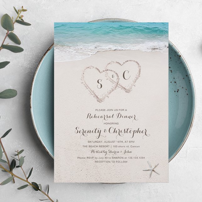 Hearts in the sand beach rehearsal dinner invitation (Hearts in the sand beach rehearsal dinner invitation)
