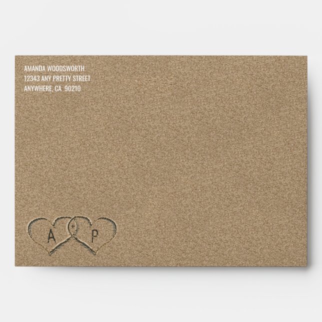 Hearts in the Sand Beach Sand Wedding Envelopes (Front)