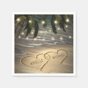 Hearts in the Sand Beach Shore Palm Tree Wedding Napkin