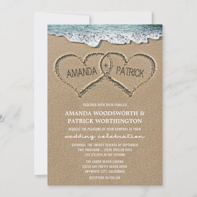 Hearts in the Sand Beach Shore Wedding Invitations (Front)