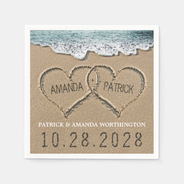 Hearts in the Sand Beach Shore Wedding Napkins (Front)