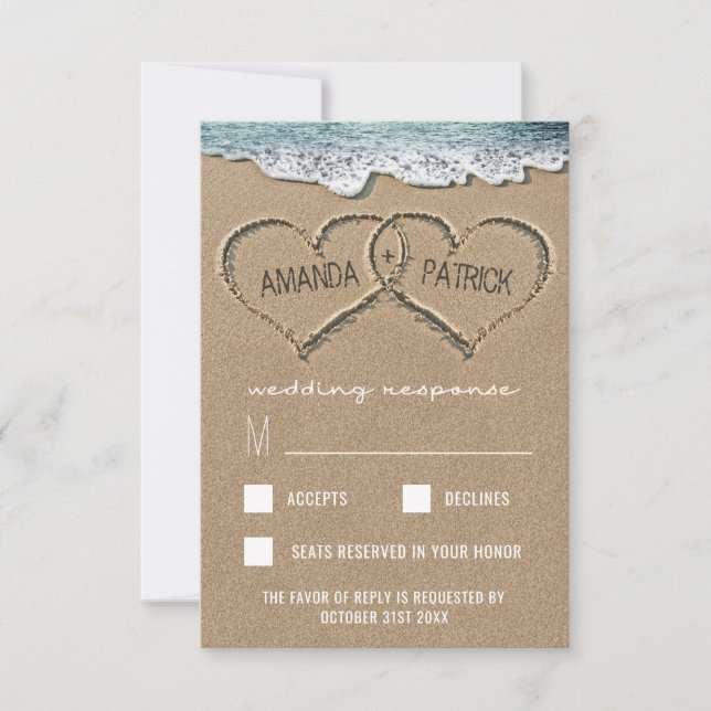 Hearts in the Sand Beach Shore Wedding RSVP Cards (Front)