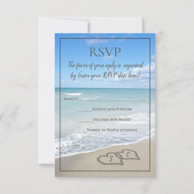 Hearts in the Sand Beach Wedding Monogram RSVP Card (Front)