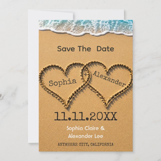 Hearts in the Sand Beach Wedding Save The Date  (Front)