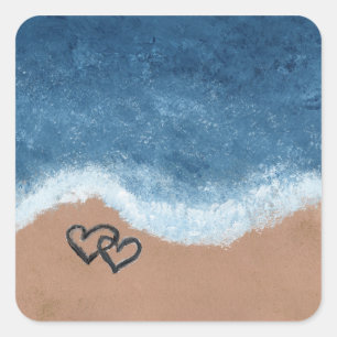 Hearts in the Sand by the Ocean Square Sticker