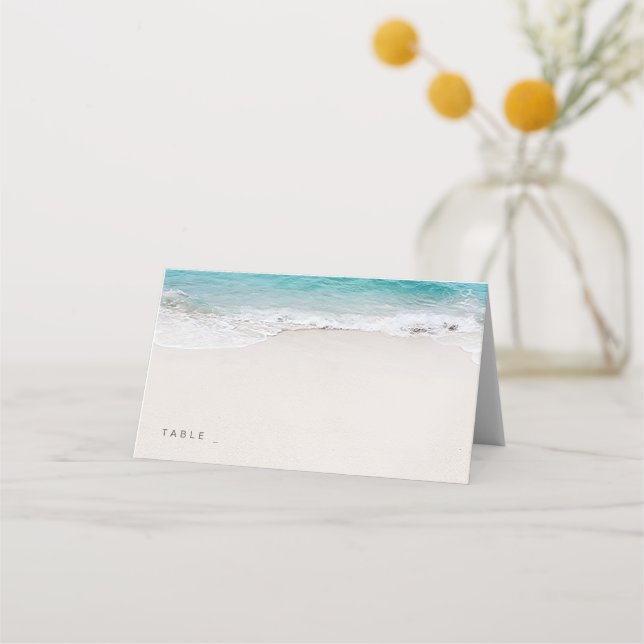 Hearts in the sand destination beach wedding place card (Front)