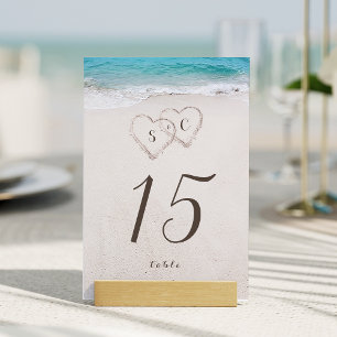 Hearts in the sand destination beach wedding table number
