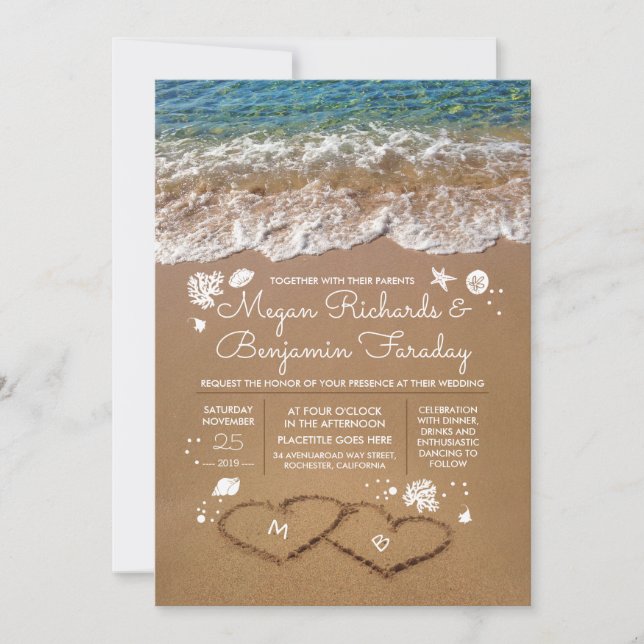 Hearts in the Sand Summer Beach Wedding Invitation (Front)