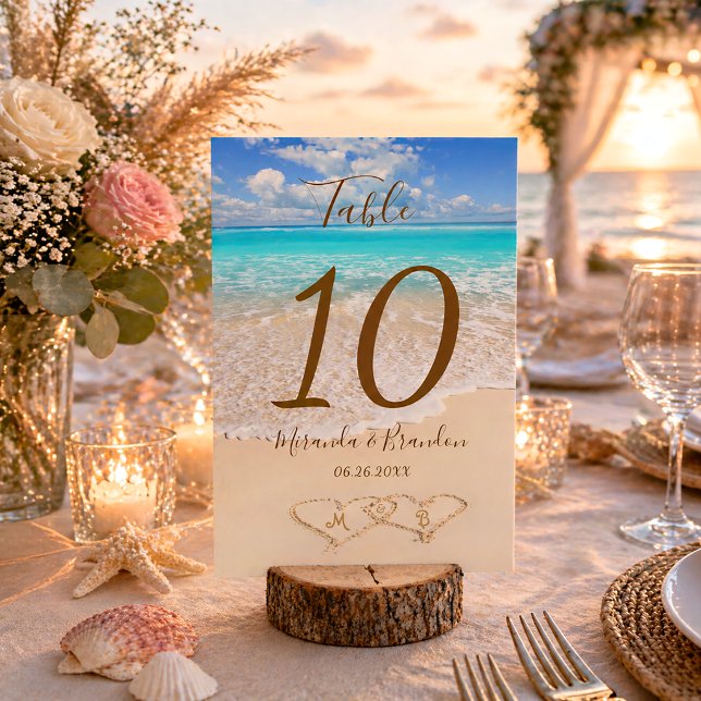 Hearts in the Sand Tropical Beach Wedding Table Number (Creator Uploaded)