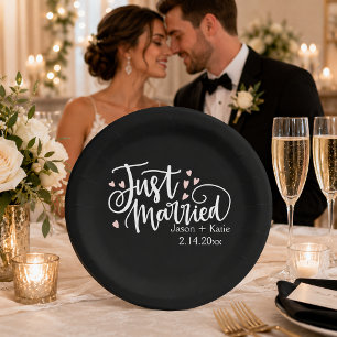 HEARTS Just Married Script Names Wedding Day Paper Plate
