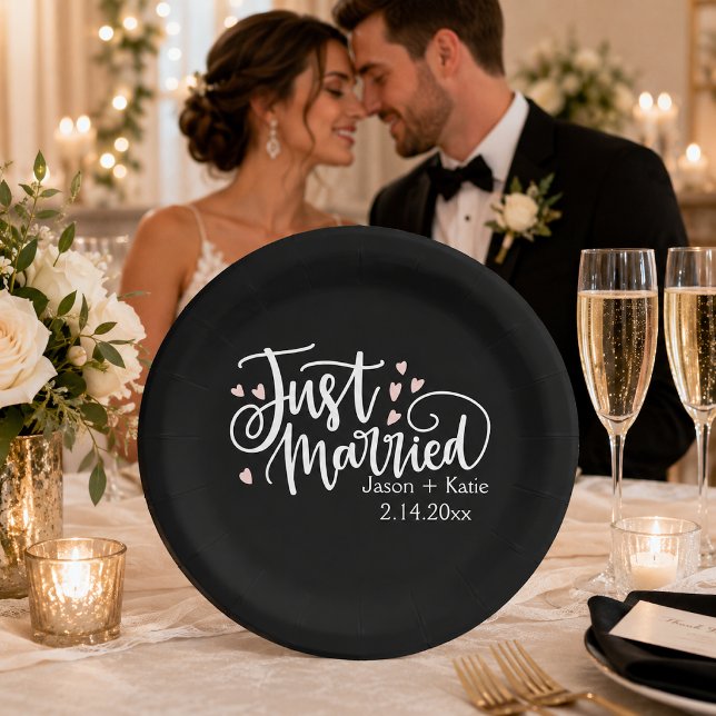 HEARTS Just Married Script Names Wedding Day Paper Plate (Creator Uploaded)