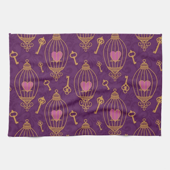 Hearts-keys-pattern Tea Towel (Horizontal)