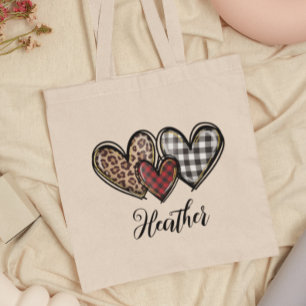 Hearts Leopard Plaid Valentine's day Personalised Tote Bag