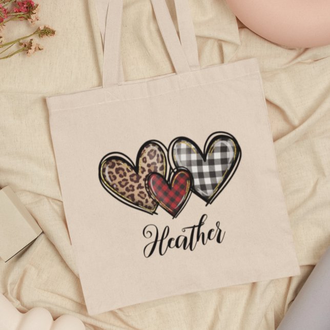 Hearts Leopard Plaid Valentine's day Personalised Tote Bag (Creator Uploaded)