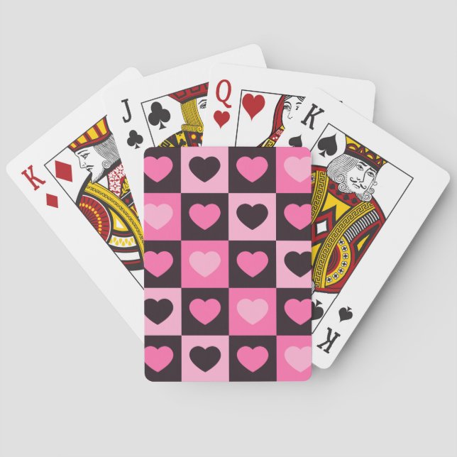 Hearts light pink hot pink dark burgundy Chequered Playing Cards (Back)