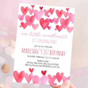 Hearts Little Sweetheart First Birthday Invitation