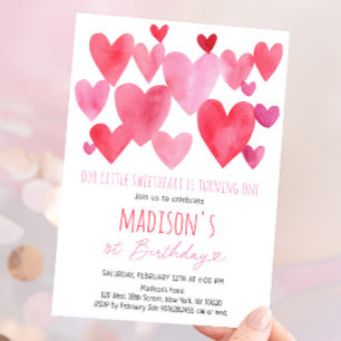 Hearts Little Sweetheart First Birthday Invitation