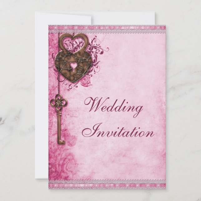 Hearts Lock and Key Pink Wedding Invitation (Front)