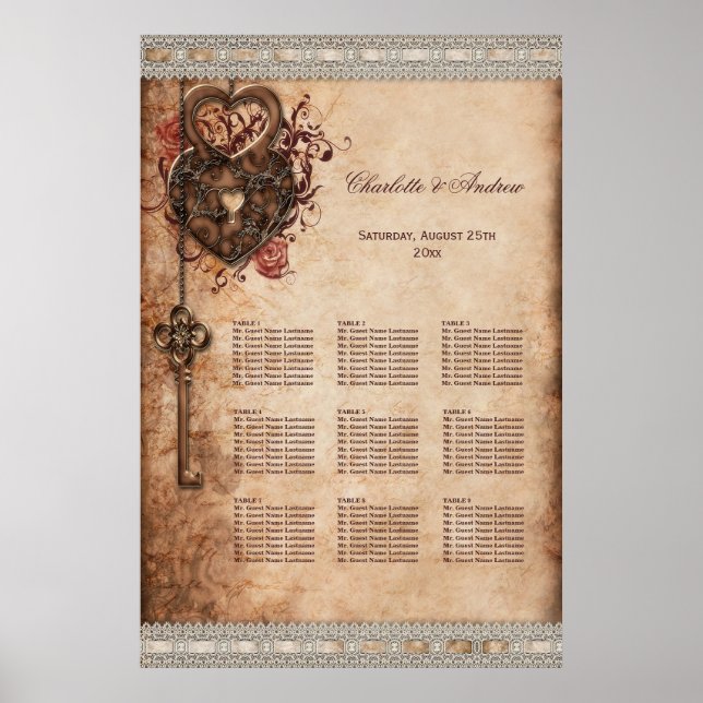 Hearts Lock and Key Wedding 9 Table Seating Chart (Front)