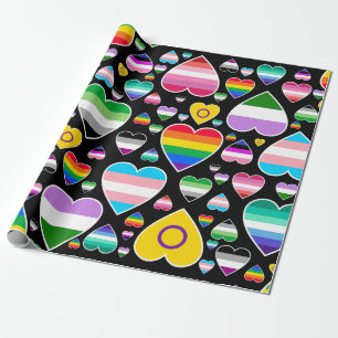 hearts love rainbow colourful pride flags lgbtq wrapping paper