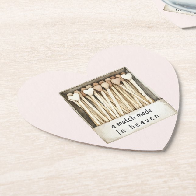 Hearts Match Made in Heaven Wedding Paper Coaster (Angled)